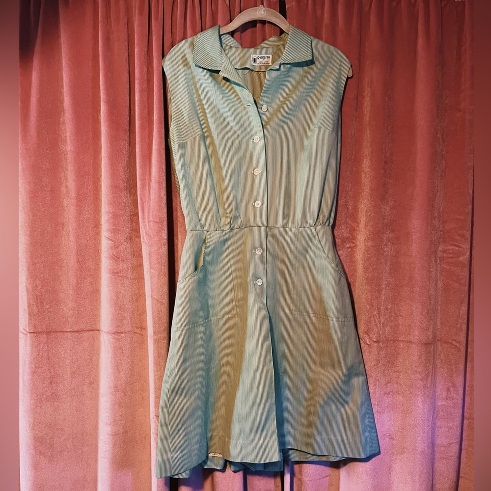 Authentic vintage 1970s green and white striped golf dress
